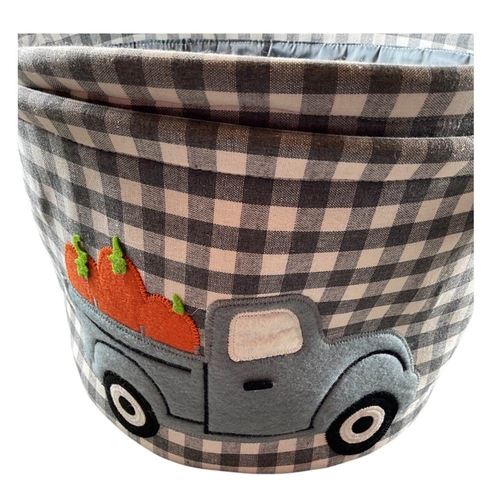 Gray Gingham Fabric Storage Basket Truck‎ with Pumpkins Fall Decor Bin